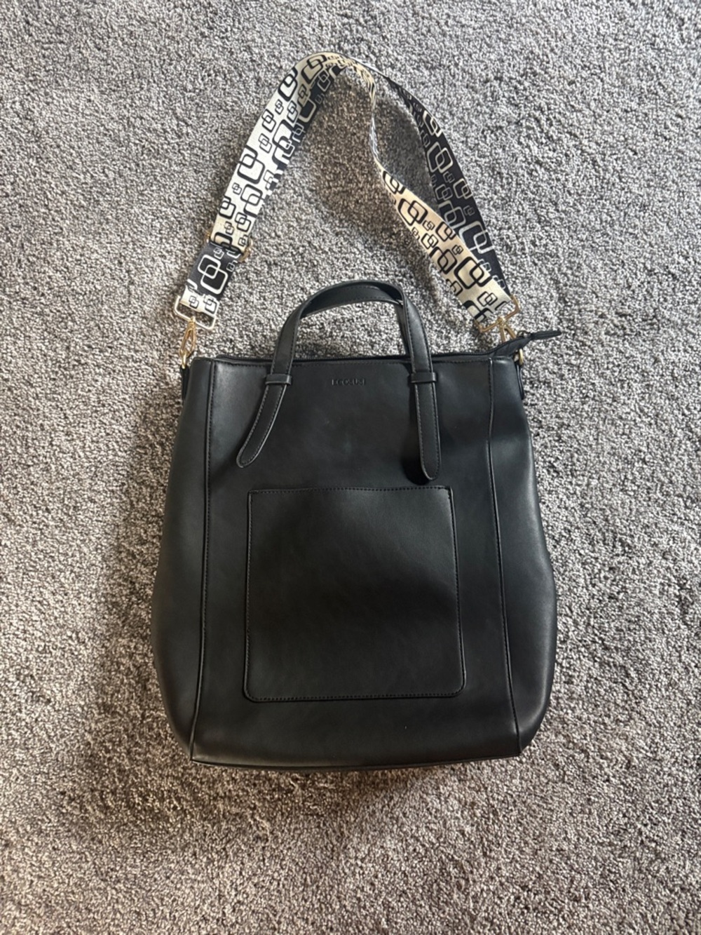 Black Leather Messenger Tote with Patterned Removable Strap